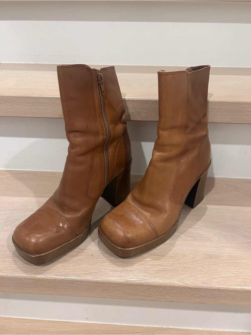 ALDO Vintage 90s Tan Leather Square Toe Block Heel Ankle Booties 38 US 7.5